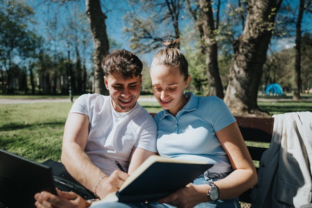 Smiling students studying and sharing ideas in a sunny park