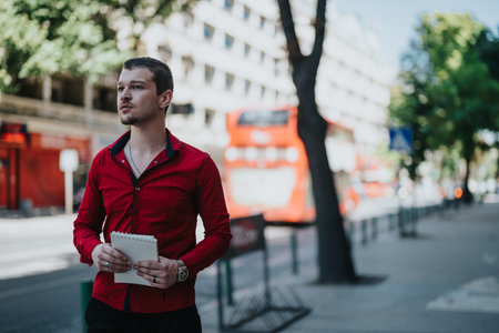 Young businessperson holding a notebook walking outdoors in the cityの写真素材