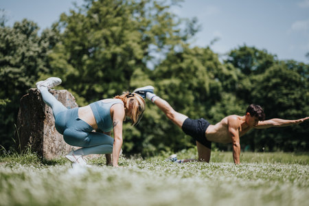 Fitness enthusiasts performing calisthenics exercises outdoors on a sunny dayの写真素材