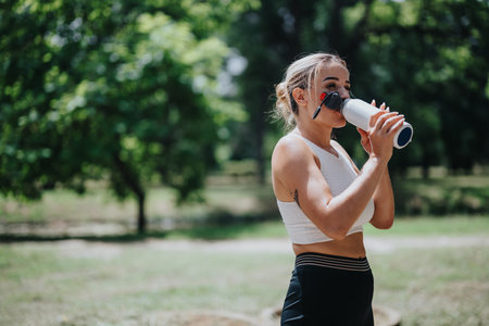 Woman athlete drinking water during outdoor workout in park on sunny dayの写真素材