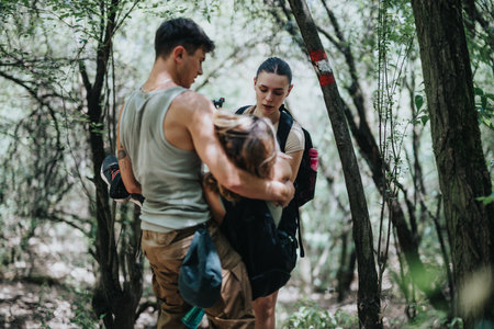 Group of young people hiking through a forest trail supporting each otherの写真素材