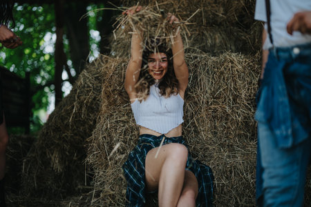 Young woman enjoying a playful moment in a haystack at a rustic farm