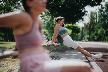 Women working out outdoors doing triceps dips on a bench in a parkの写真素材
