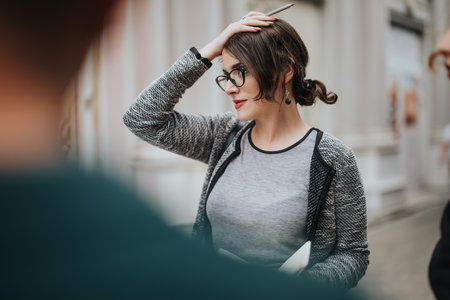 Thoughtful woman with glasses holding a pen in a city settingの写真素材