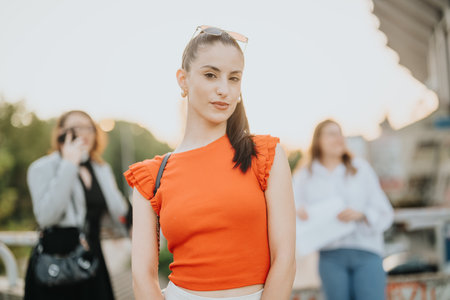 Confident businesswoman in a vibrant orange top with colleagues in backgroundの写真素材