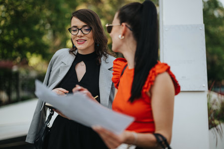 Two businesswomen discussing documents outdoors in a park settingの写真素材