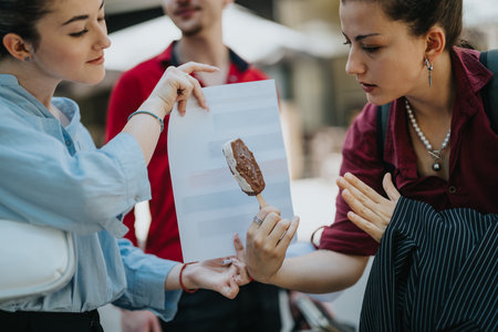 Young businesspeople discussing a project outdoors on a sunny day