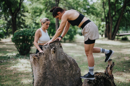 Two women exercising in a park with fitness activities on a summer dayの写真素材