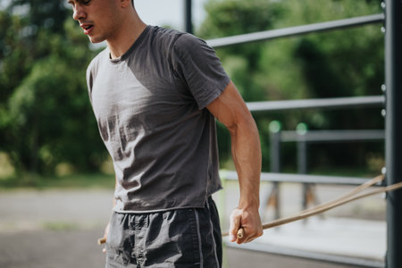 Man engaging in outdoor calisthenics workout using resistance bands in a park