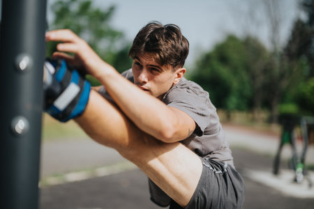 Young man practicing calisthenics in the park on a sunny day