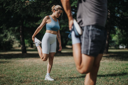 Man and woman stretching their legs before workout in a park on a sunny dayの写真素材