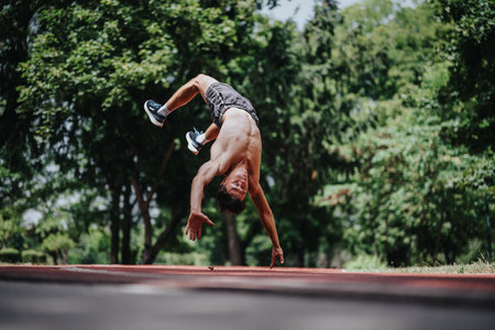 Athletic man performing impressive acrobatic flip outdoors on a sunny dayの写真素材