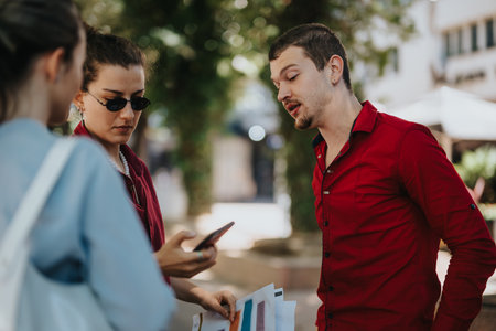 Young business people discussing work and looking at phone outdoors on a sunny dayの写真素材