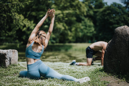 Fitness enthusiasts doing outdoor warm-up exercises by a scenic lake in a parkの写真素材