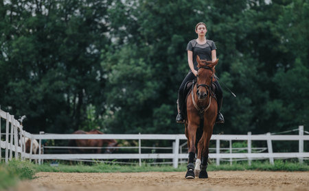 Girl riding horse at ranch during a sunny day