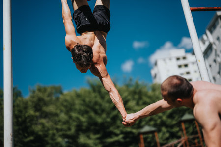 Two men performing calisthenics exercises in an urban park, one holding a handstand on bars with the other assistingの写真素材