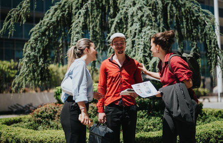 Young businesspeople meeting outdoors for a project discussion