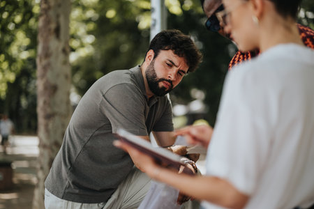 Young man attentively listening to colleague in outdoor team meeting