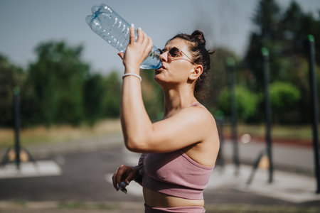 Woman drinking water after outdoor workout in a sunny parkの写真素材