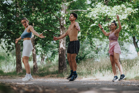 Group of friends exercising outdoors in a park, enjoying a sunny day while staying fit and activeの写真素材