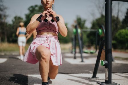 Woman exercising outdoors with sports equipment in sunny park