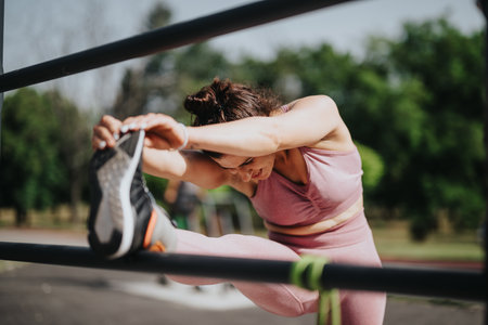 Woman doing calisthenics stretching workout outdoors in a sunny parkの写真素材