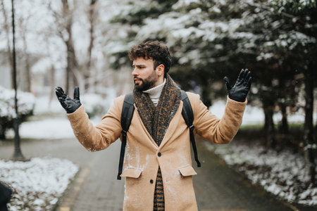 Young businessman in winter coat gesturing outdoors on a snowy day.の写真素材