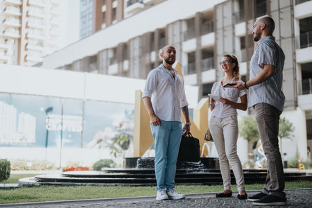 Group of young professionals in a casual business meeting outdoors in front of building complex