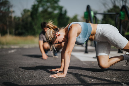 Young woman doing outdoor workout in sunny park for fitness and healthの写真素材