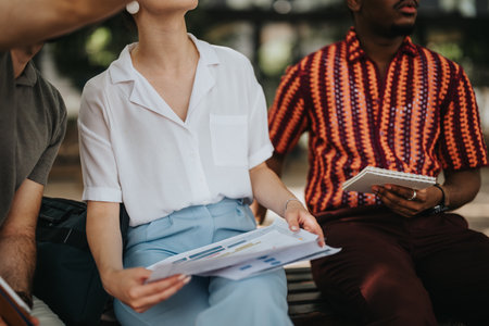 Diverse group of people collaborating in an outdoor business meeting