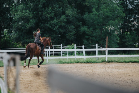 Young girl riding a horse at a ranch in a serene outdoor settingの写真素材