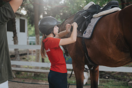 Young girl preparing horse for riding with saddle outdoors in stableの写真素材
