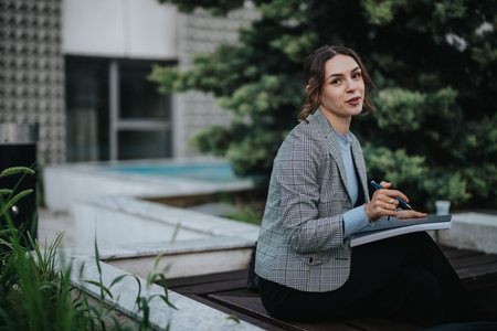 Confident young woman working on a notebook outdoors in a professional settingの写真素材