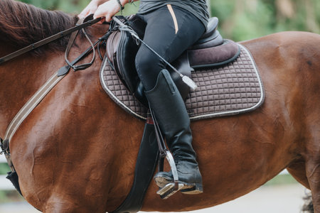 Close-up of horse riders legs and saddle during equestrian training sessionの写真素材