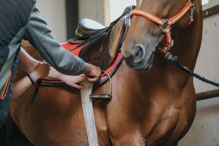 Preparing a horse for riding with a saddle adjustmentの写真素材