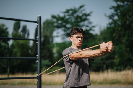 Young man exercising with resistance band in outdoor park, focused on strength training and fitnessの写真素材