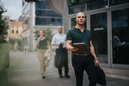Young business entrepreneurs having an outdoor meeting in a modern urban environmentの写真素材