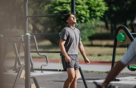 Young man performing calisthenics workout in outdoor park on a sunny day