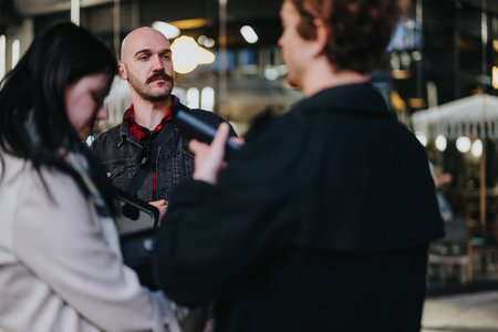 Business partners engaged in a serious discussion at an evening outdoor settingの写真素材