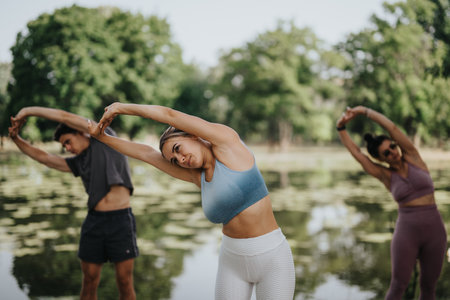 Group of young people doing calisthenics exercises in a park near a lake on a sunny dayの写真素材