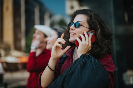Young business associates talking on the phone outdoors in a city environmentの写真素材