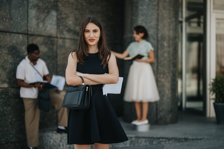 Confident businesswoman in black dress standing outside office buildingの写真素材