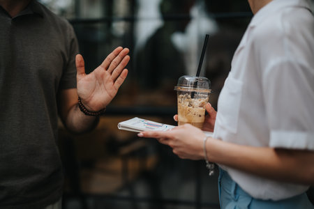Business people discussing work in outdoor meeting with coffee and documentsの写真素材