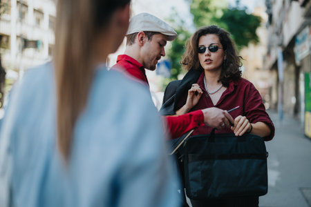 Young business associates discussing work outdoors in urban settingの写真素材