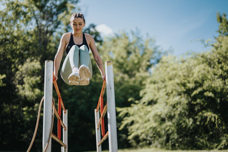 Woman practicing calisthenics workout on outdoor fitness equipment in urban park