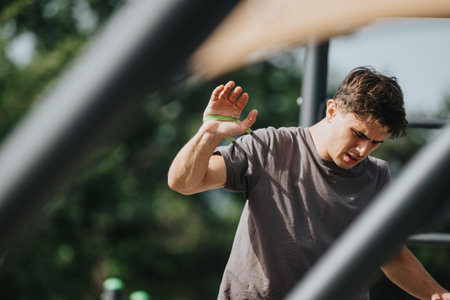 Young man doing calisthenics workout in the park on a sunny day