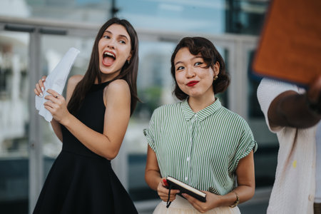 Cheerful, multicultural businesswomen enjoying a casual meeting outdoors.の写真素材