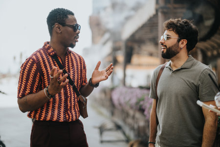 Two business people discussing work in an engaging outdoor meetingの写真素材