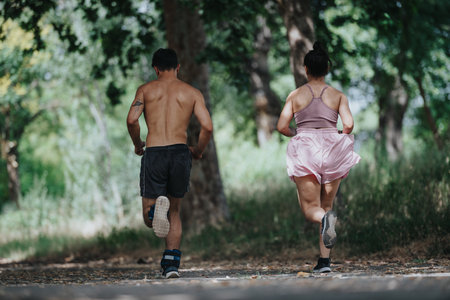 Back view of fit couple jogging in a park on a sunny dayの写真素材