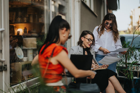 Businesswomen holding a meeting outside a cafe, discussing documents and using a laptopの写真素材